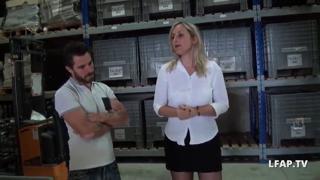 An arousing, voracious big-tited French woman offers her behind to a worker in the midst of the warehouse