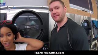 Black Teen Ages Playful Thickum with White Guy in Laundry, Friend Films