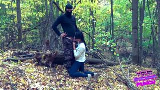 Wild motorbike babe gets nailed raw in woodland gangbang
