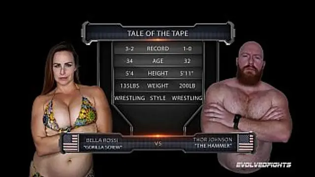 Busty Bella Rossi battles Thor in nude wrestling sex for fucking supremacy